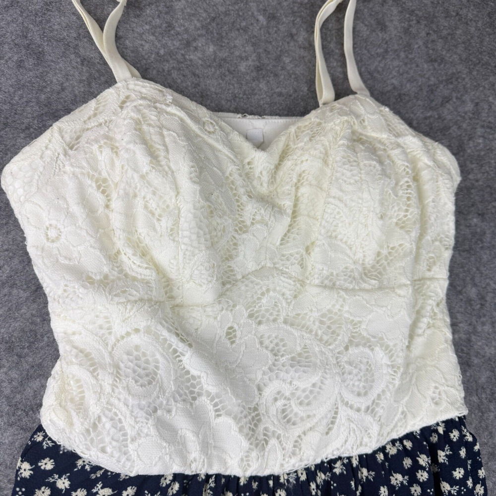 Candies Woman's White Lace & Blue Floral Wide Leg Jumpsuit Slits Y2K 90s Cottage - Picture 4 of 9